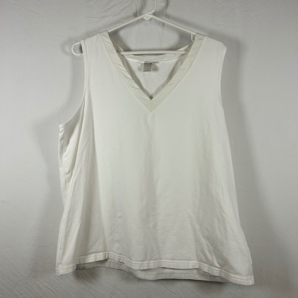 CJ Banks Womens Plus 1X White V-Neck Sleeveless Tank Top Shell Satin Trim‎